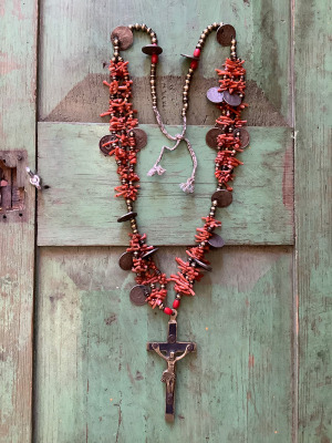 #28j Coral Necklace W Coins, Brass Beads & Cross Purchase Options & Details