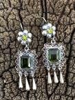 #405j Silver Floral Green Stone Teardrop Earrings (65mmx21mm) Mexico