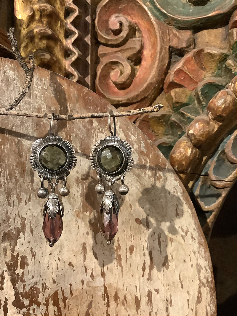 #353j Silver Green W Lavender Dangle Earrings (2&#039;) Mexico