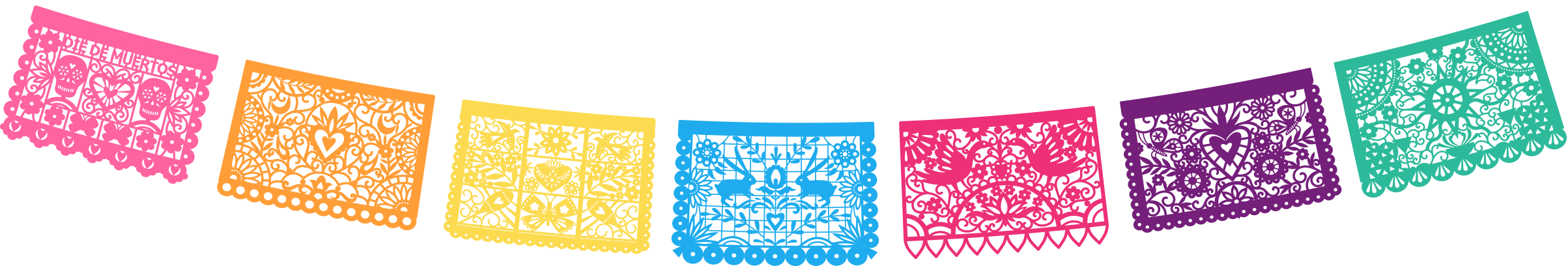 Decorative row of colorful Papel Picado's created at Pachamama Gallery